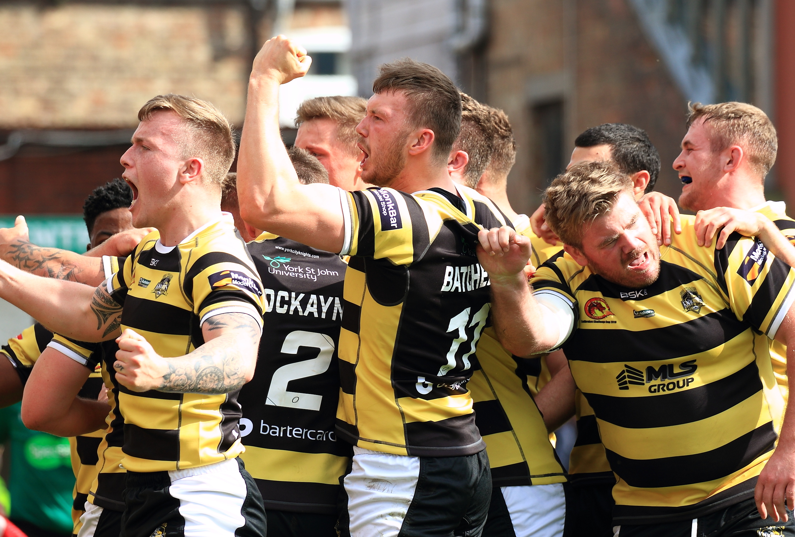 York City Knights celebrate a try against Catalans Dragons