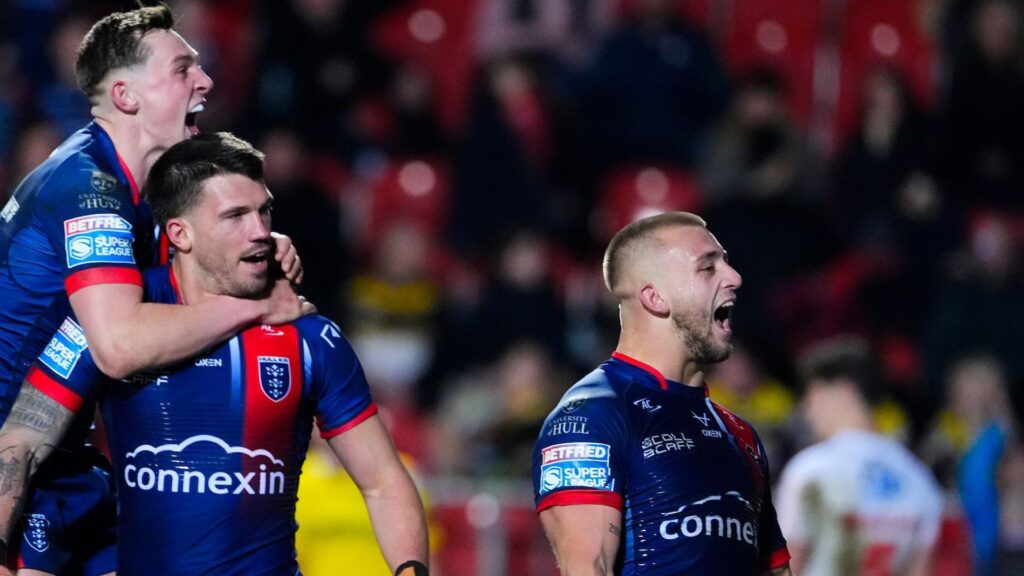 Hull KR celebrate Mikey Lewis' try against St Helens